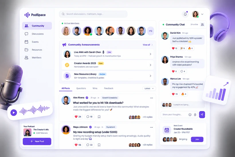 Podcast community hub with discussions, members and live chat