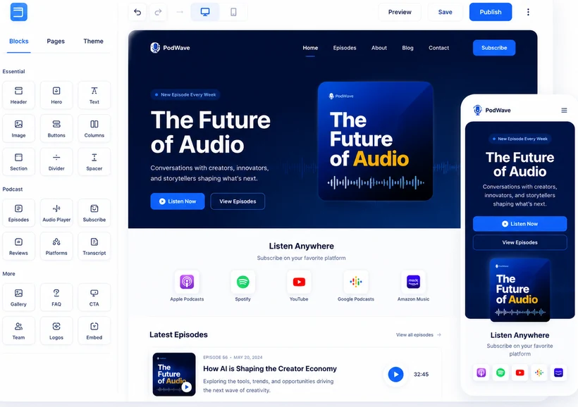Drag-and-drop podcast website builder with desktop and mobile preview