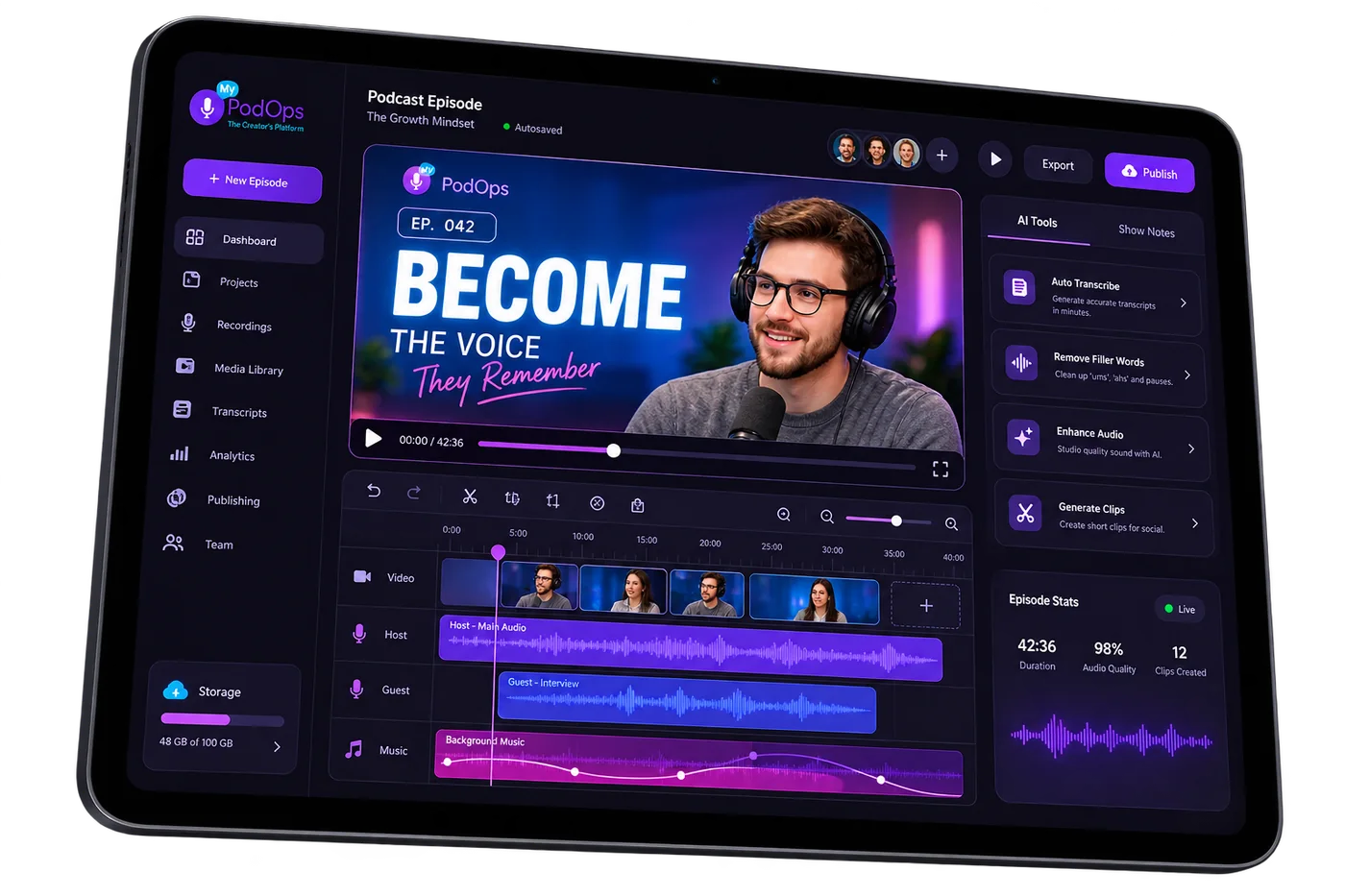 MyPodOps creator studio — record, edit, and publish